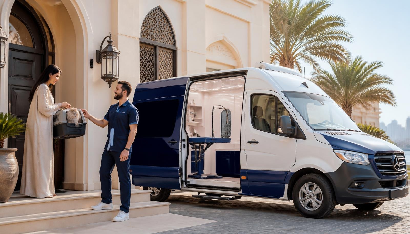 Pretty Paws branded grooming van parked at a Qatar home at dusk