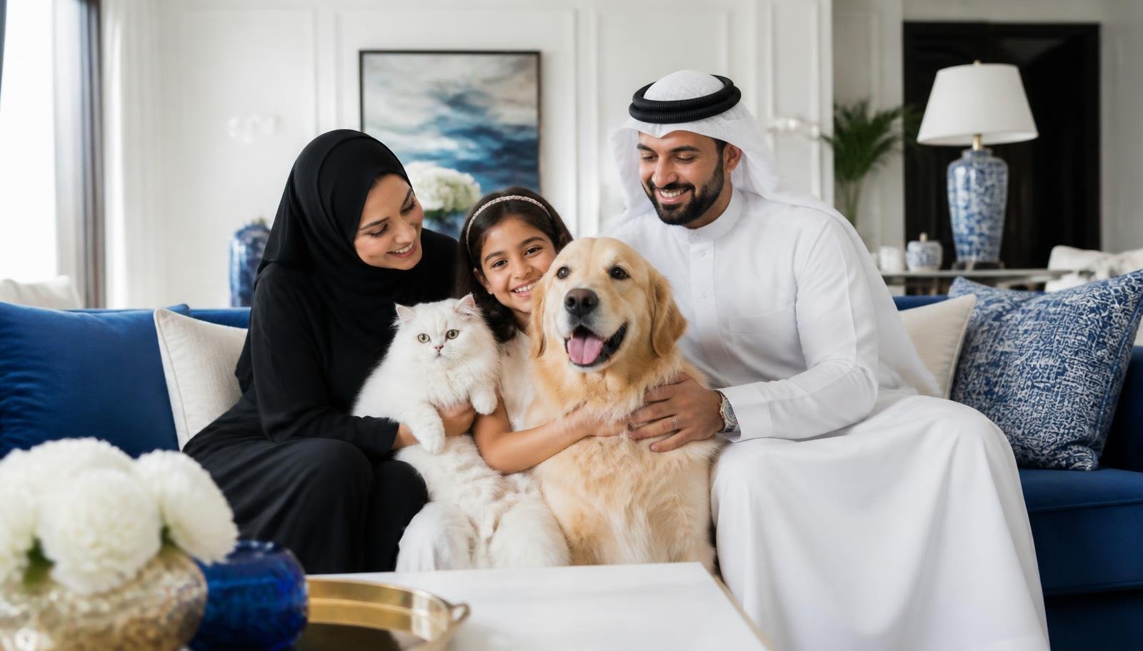 A family welcoming the Pretty Paws grooming van at their Doha villa