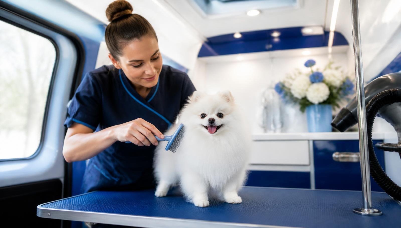 Certified groomer gently drying a happy dog inside the Pretty Paws luxury grooming van